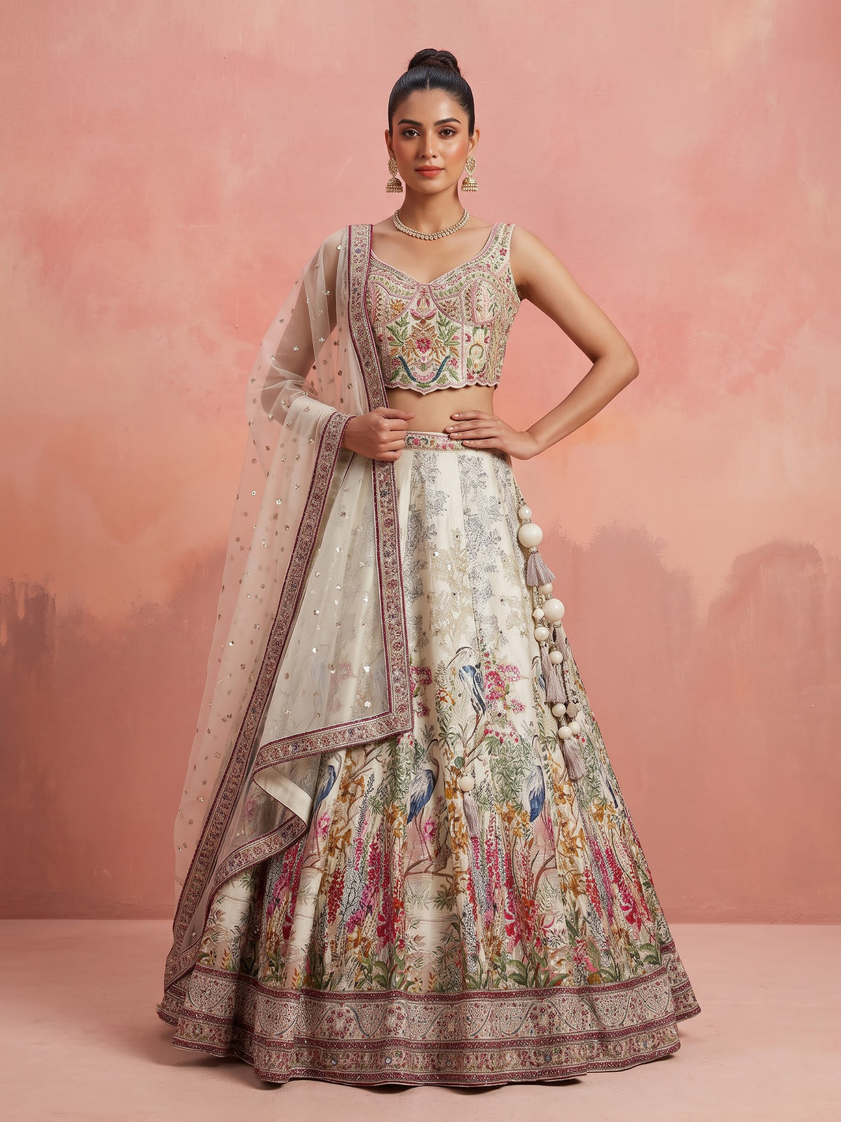 Cream silk jacquard heritage embroidered lehenga for women