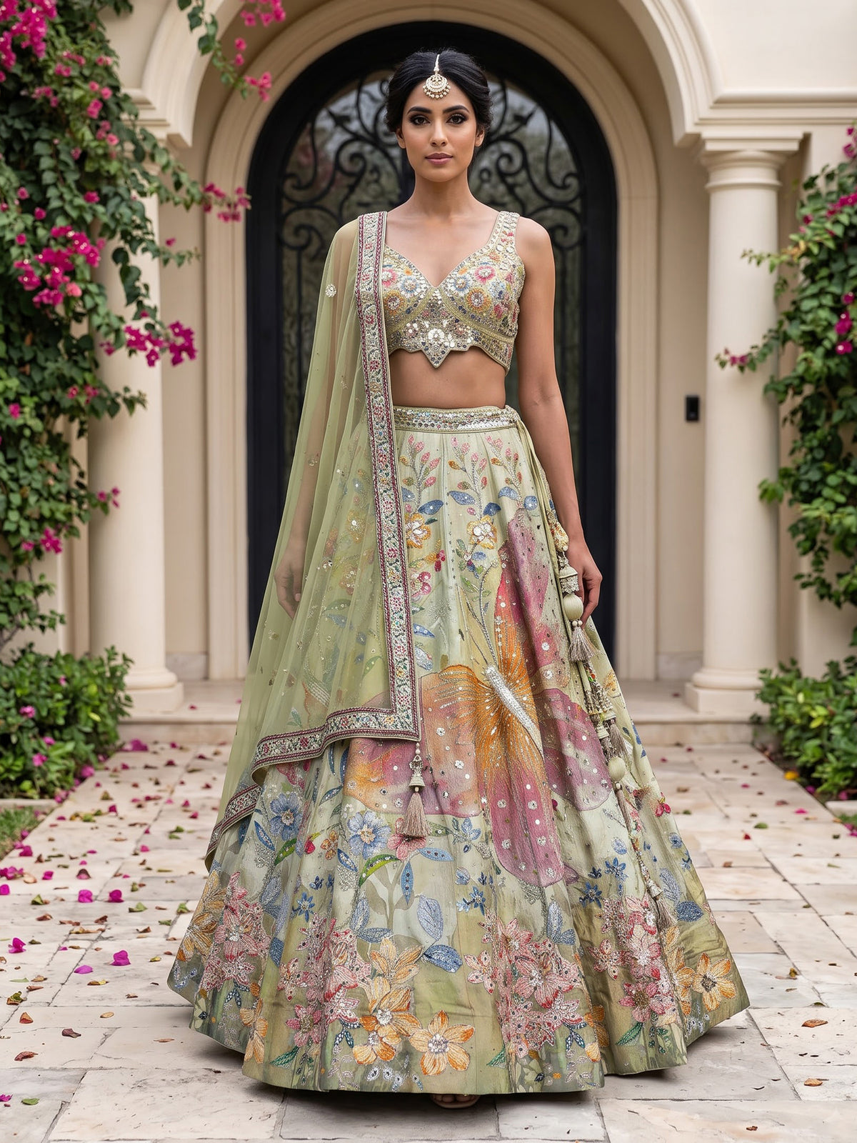 Pista green silk satin exquisite garden lehenga for women