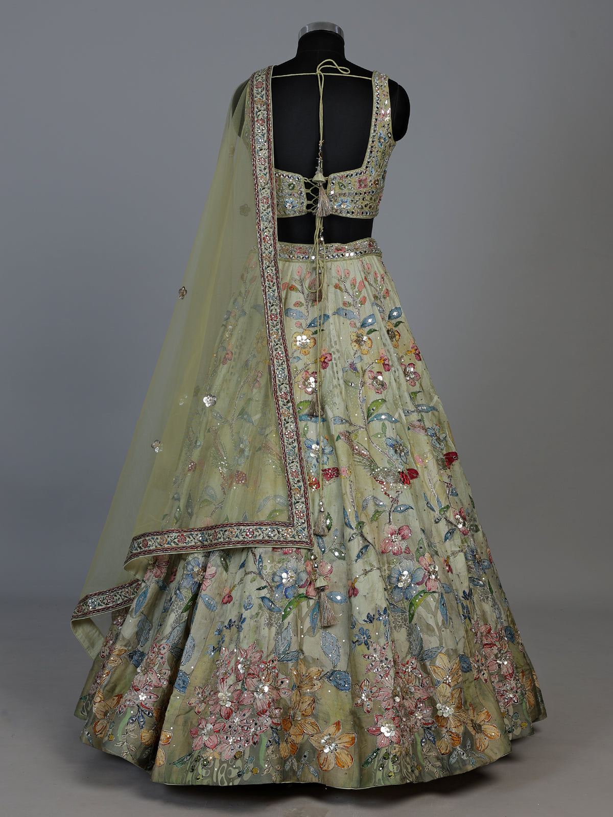 Pista green silk satin exquisite garden lehenga for women