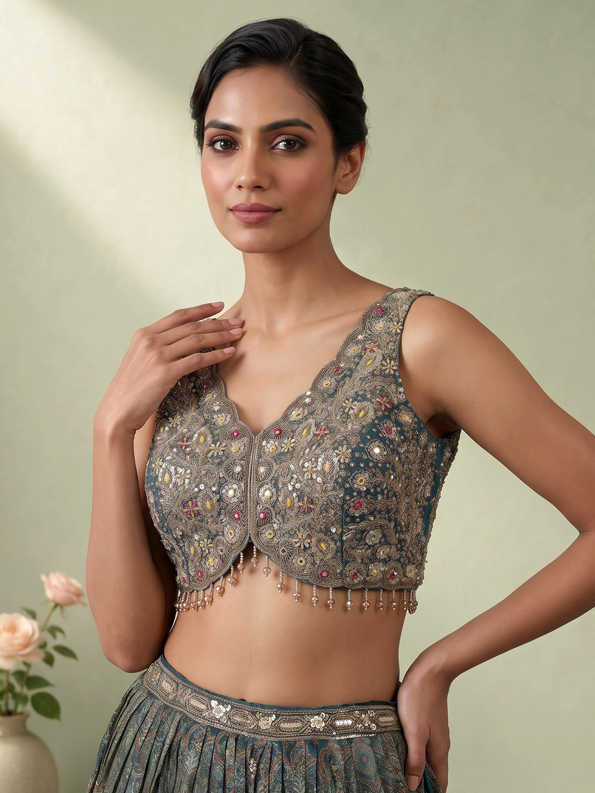 Deep peacock teal blue tissue georgette lehenga for women