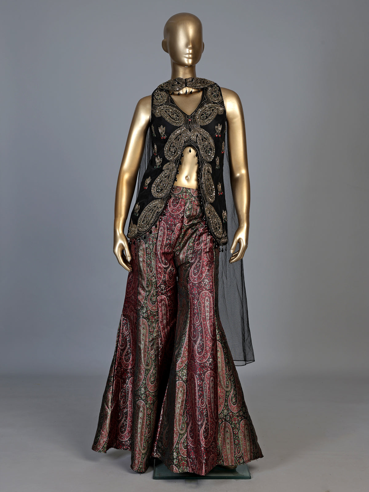 Black printed silk banarasi palazzo suit with dupatta