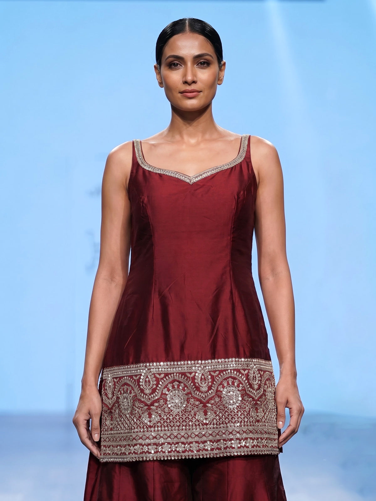 Maroon silk blend pakistani palazzo suit with dupatta