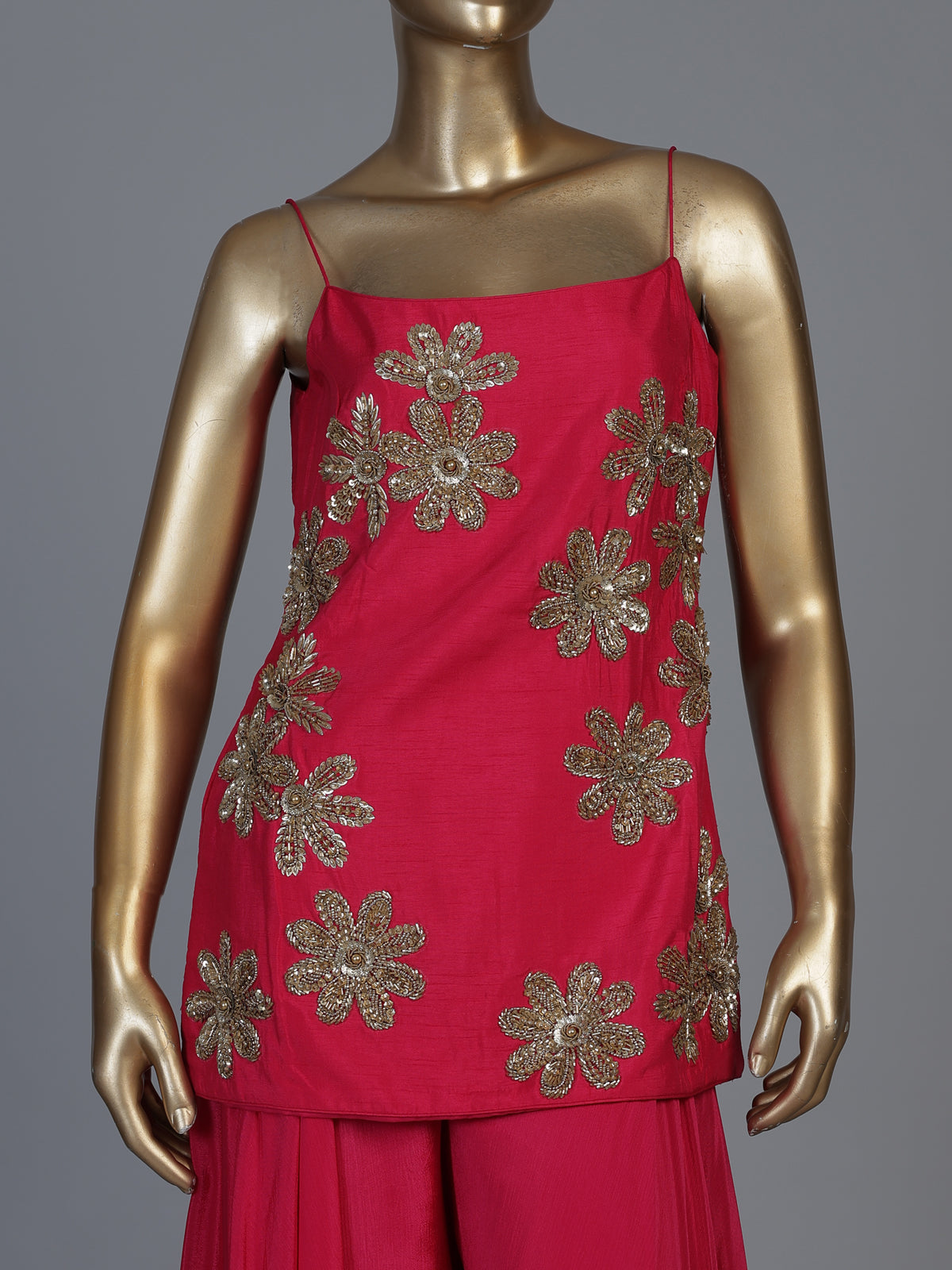 Rani pink raw silk palazzo suit with elegant festive detailing