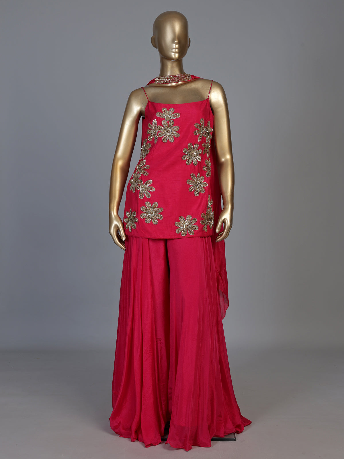 Rani pink raw silk palazzo suit with elegant festive detailing