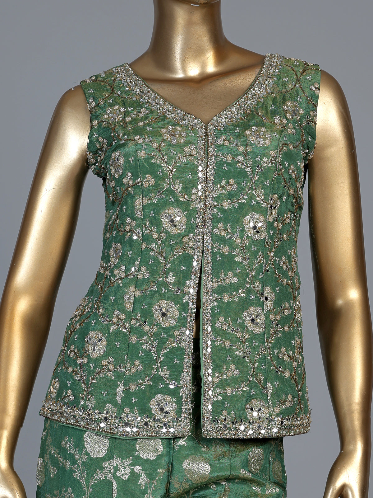 Pista green banarasi silk designer palazzo suit with dupatta