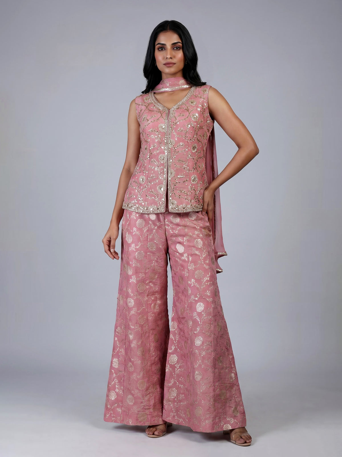Onion pink banarasi silk designer palazzo suit with dupatta