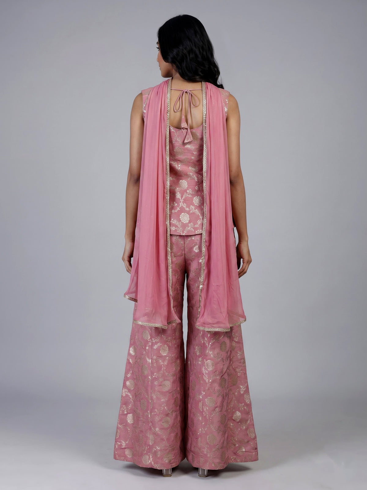 Onion pink banarasi silk designer palazzo suit with dupatta