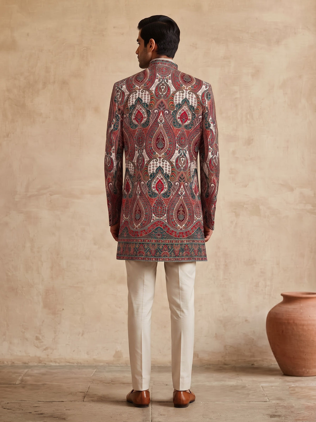 Cream red silk printed indowestern set for men