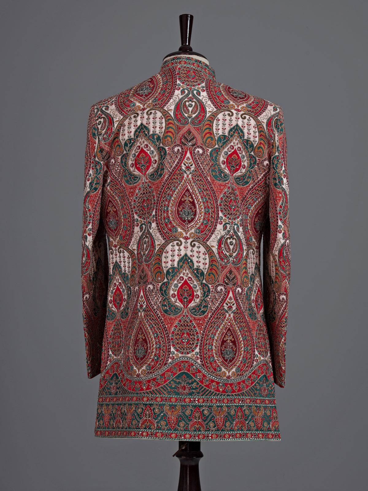 Cream red silk printed indowestern set for men