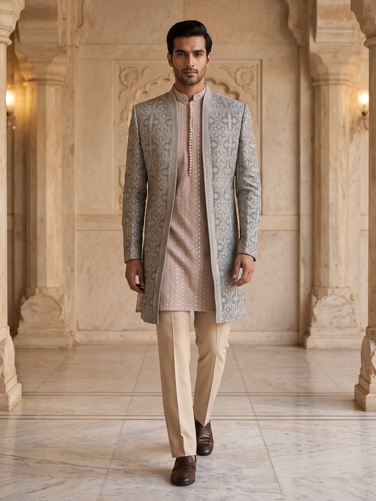 Beige green georgette silk indowestern set for men