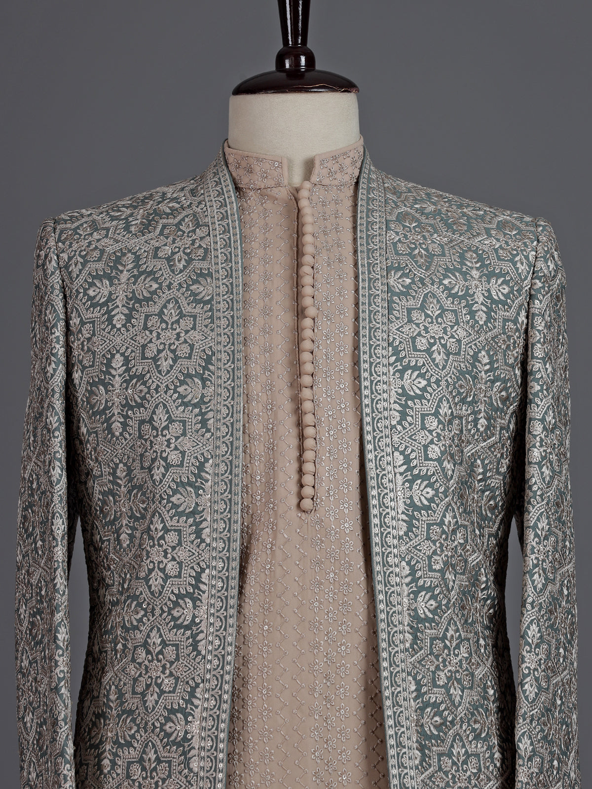 Beige green georgette silk indowestern set for men
