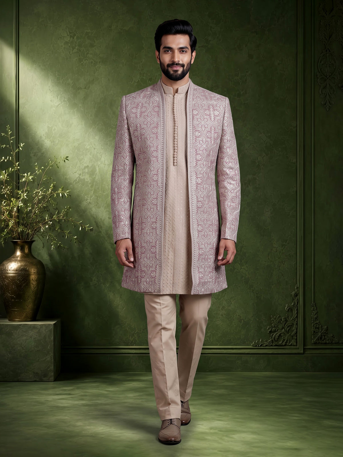 Beige pink georgette silk indowestern set for men