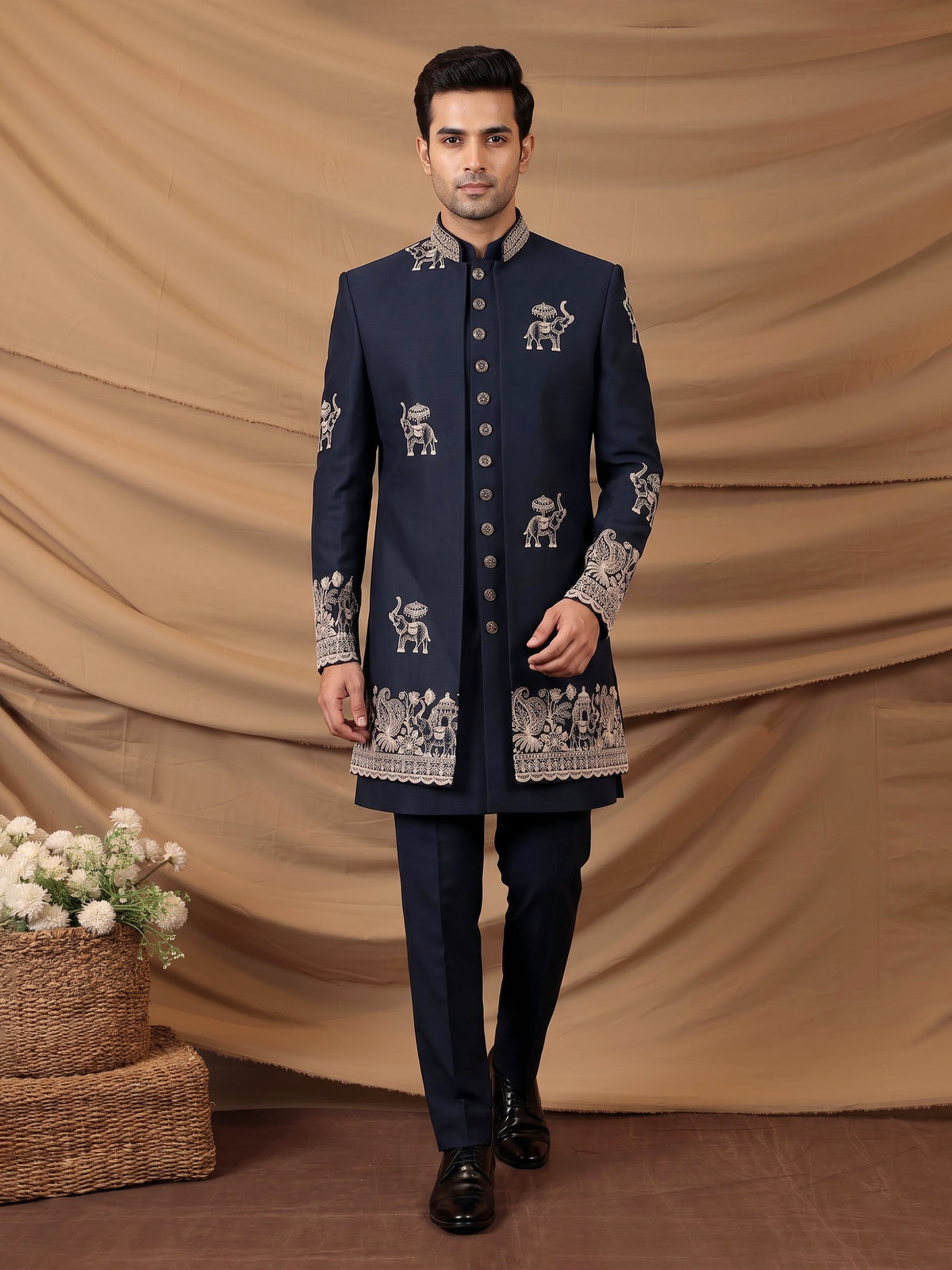 Navy terry rayon indowestern set for men