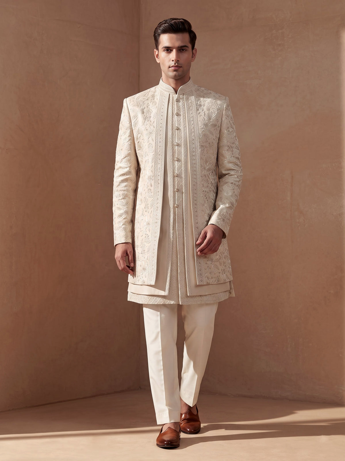 Cream cotton silk indowestern set for men