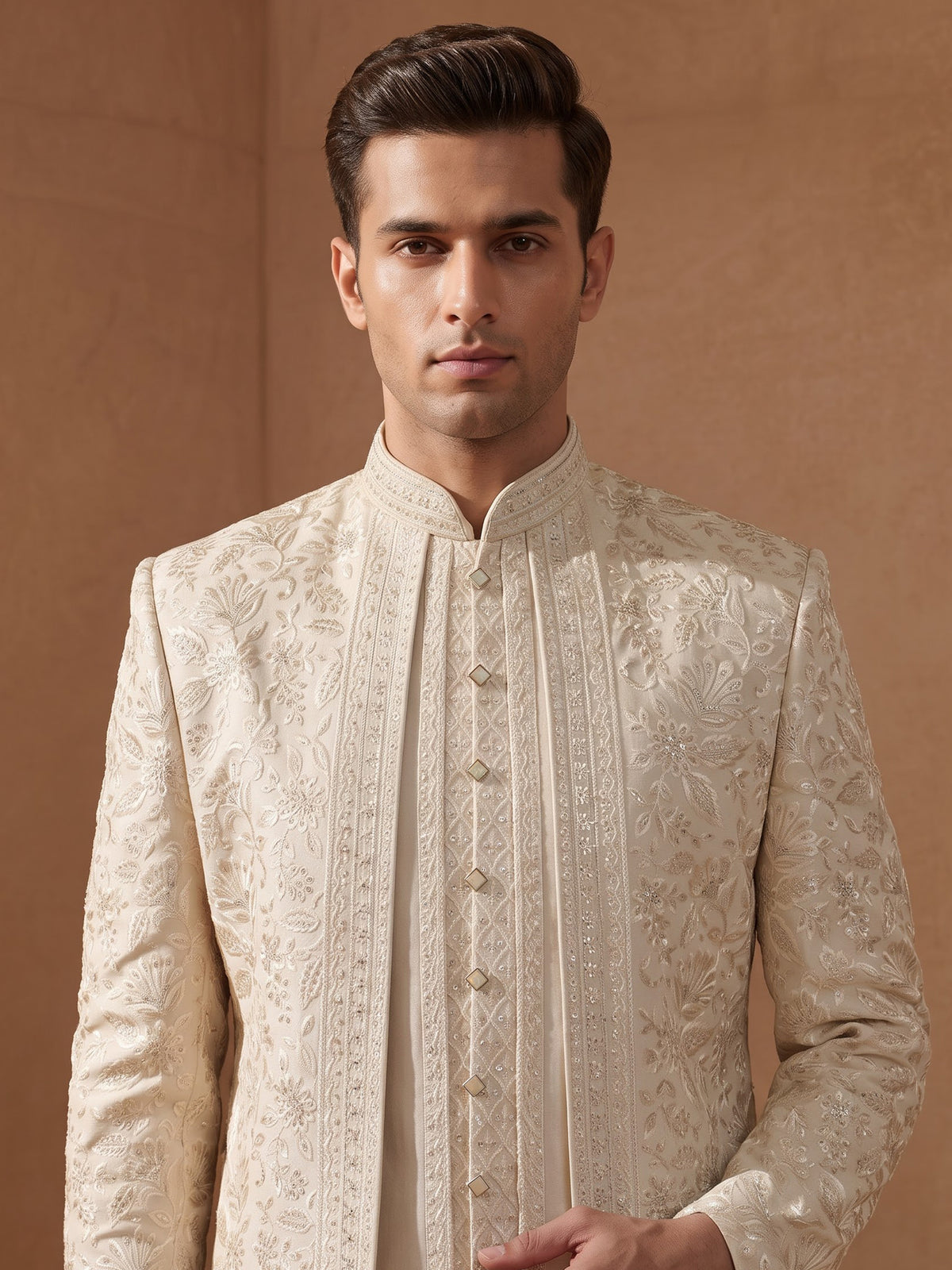 Cream cotton silk indowestern set for men