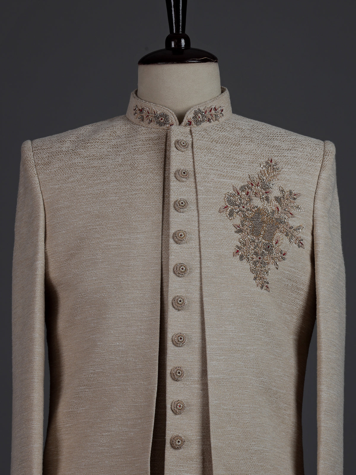 Beige jute indowestern set for men with festive detailing