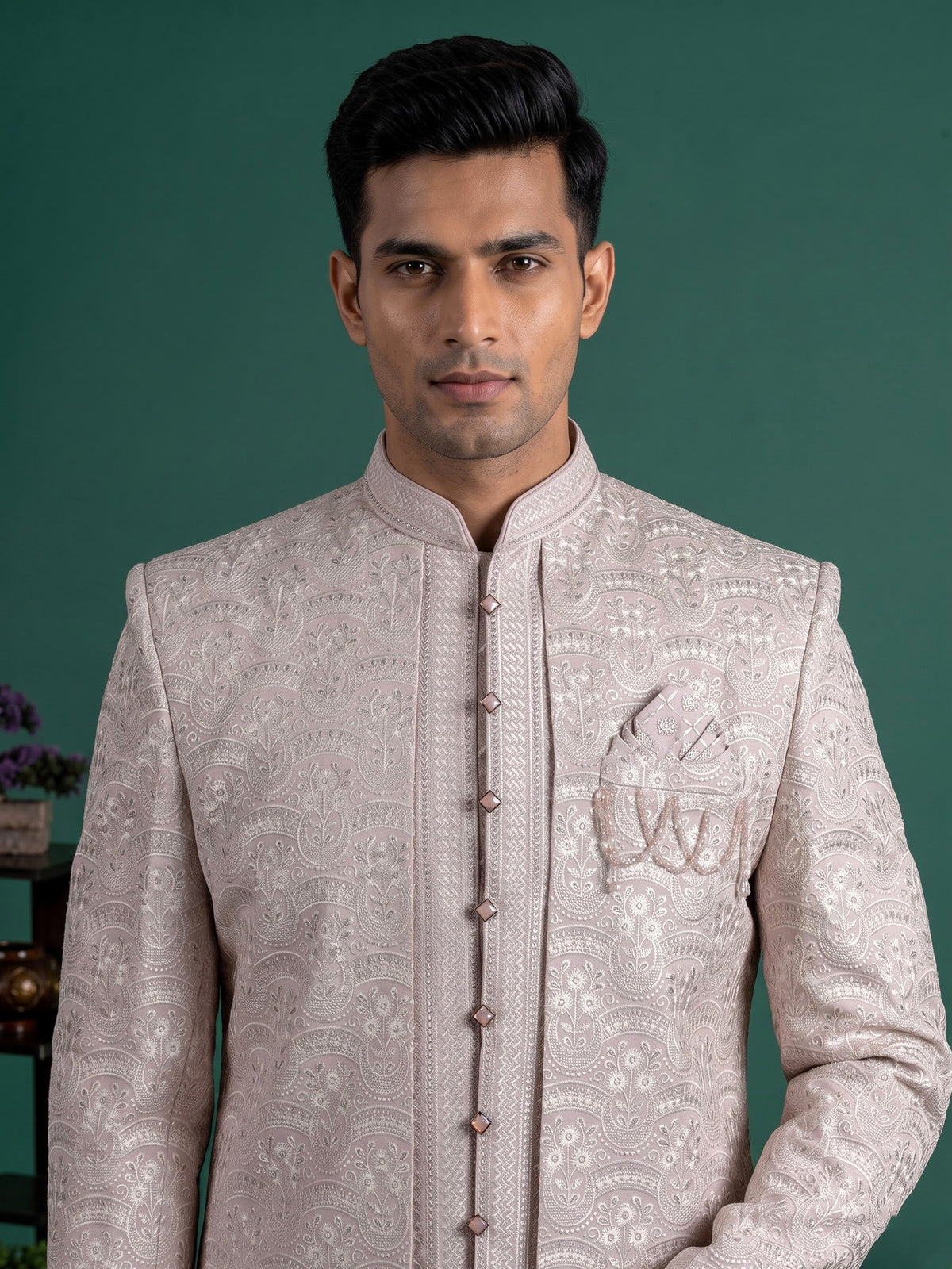 Light pink silk indowestern set for men with jacket