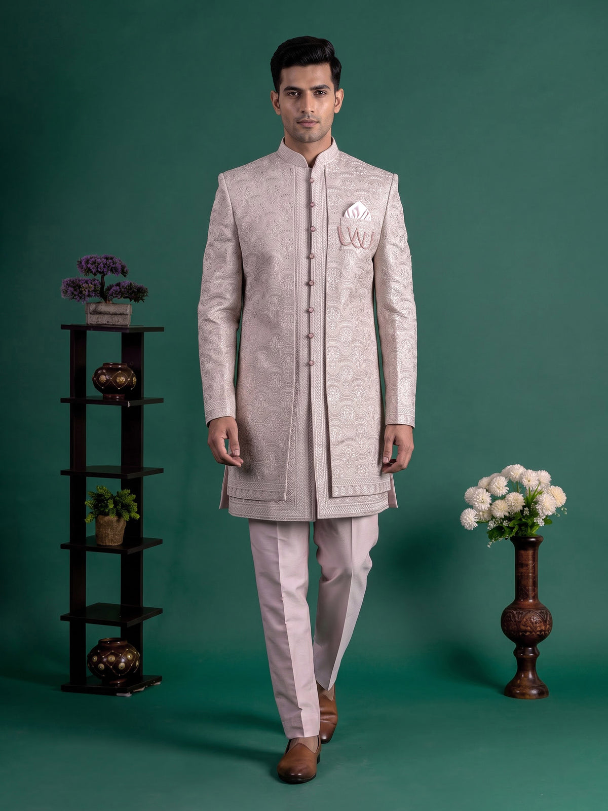 Light pink silk indowestern set for men with jacket