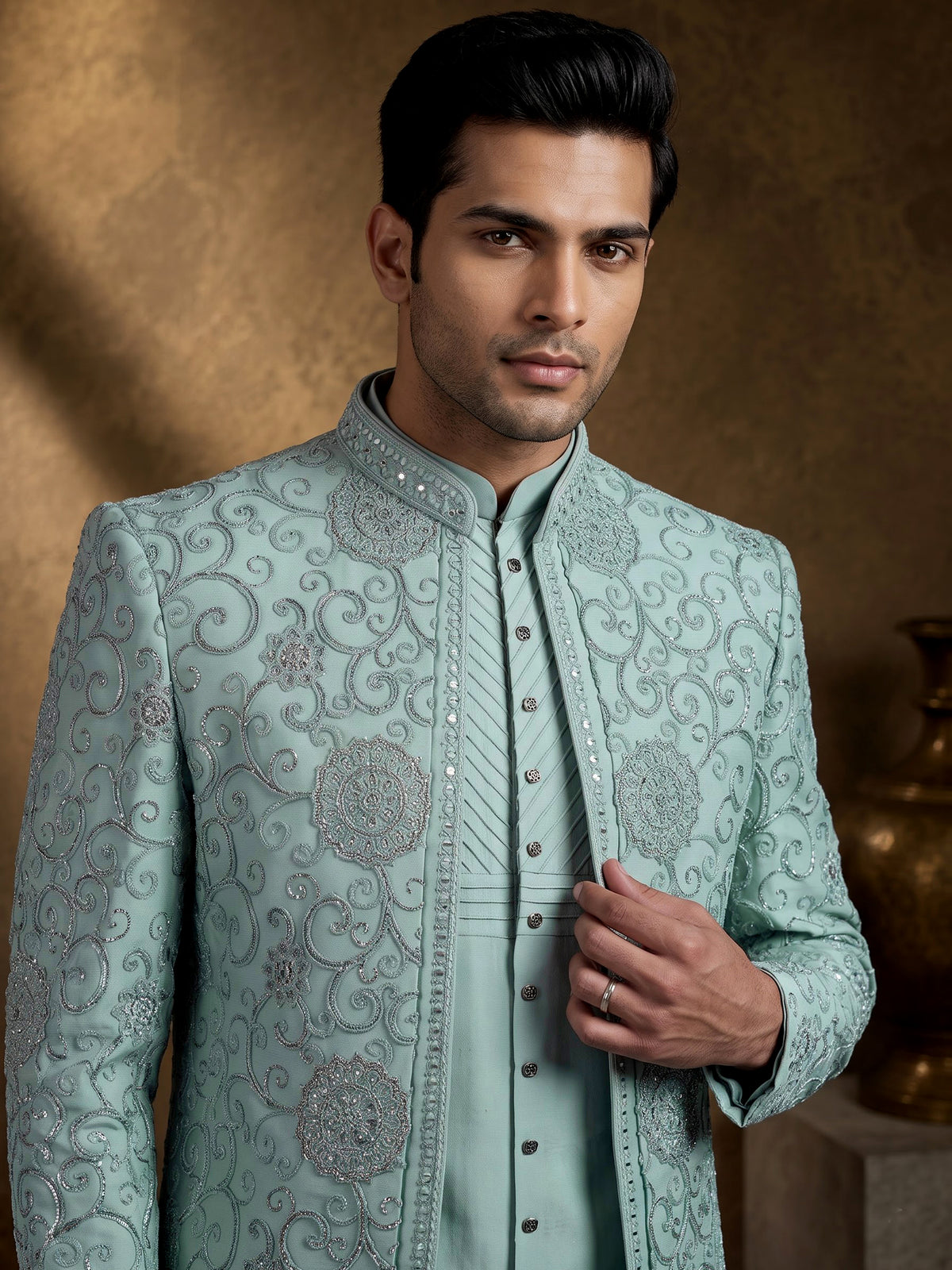 Mint green silk net indowestern set for men