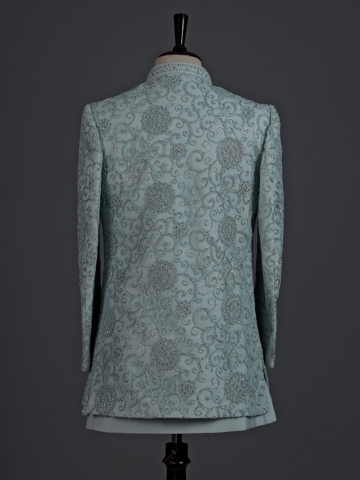 Mint green silk net indowestern set for men