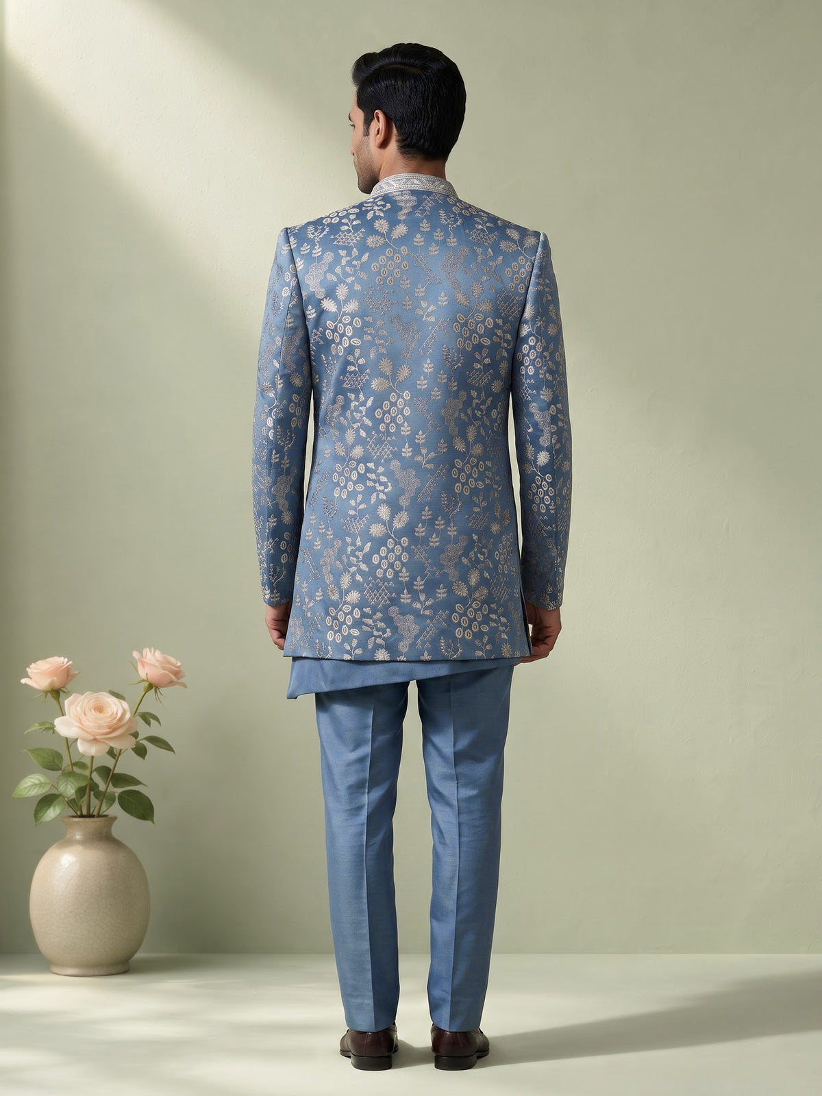 Stone blue silk blend indowestern set for men with jacket