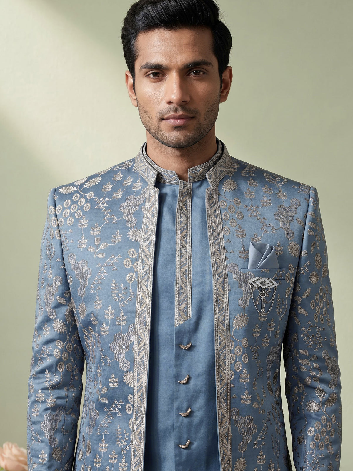 Stone blue silk blend indowestern set for men with jacket
