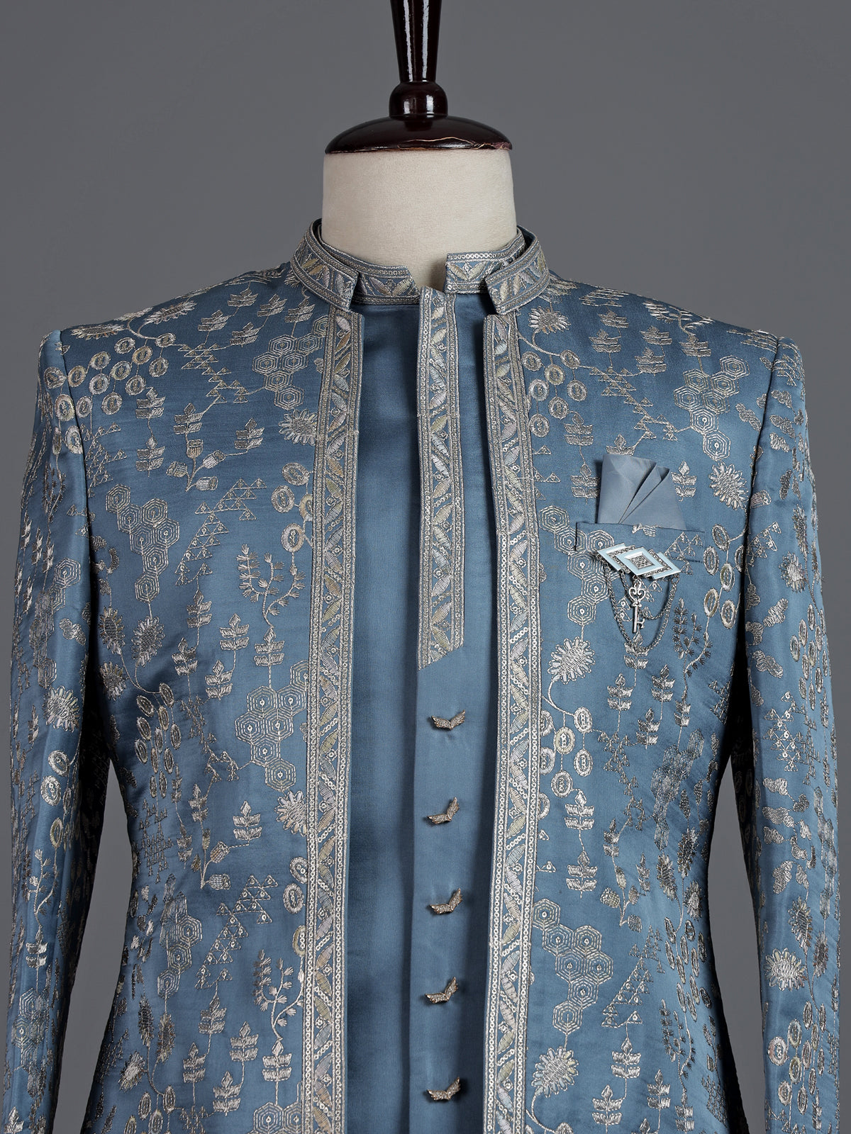 Stone blue silk blend indowestern set for men with jacket
