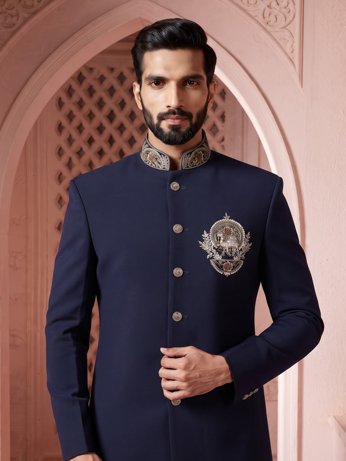 Navy terry rayon indowestern set for men with embellishments