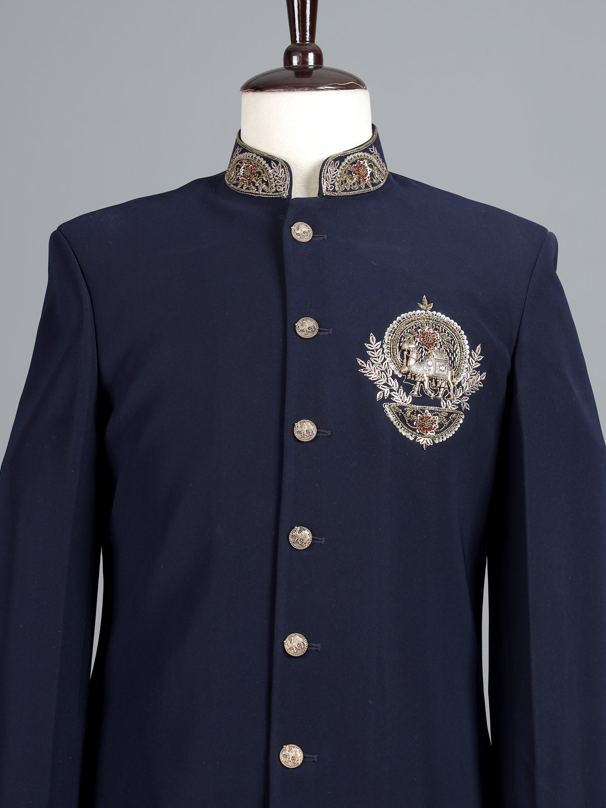 Navy terry rayon indowestern set for men with embellishments