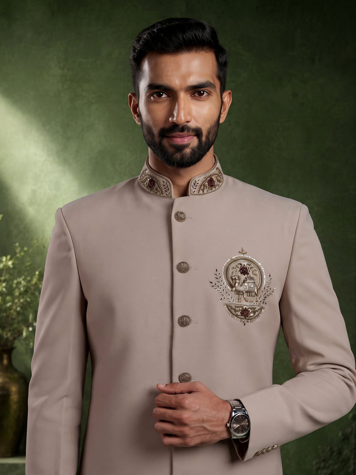 Beige terry rayon indowestern set for men with embellishments