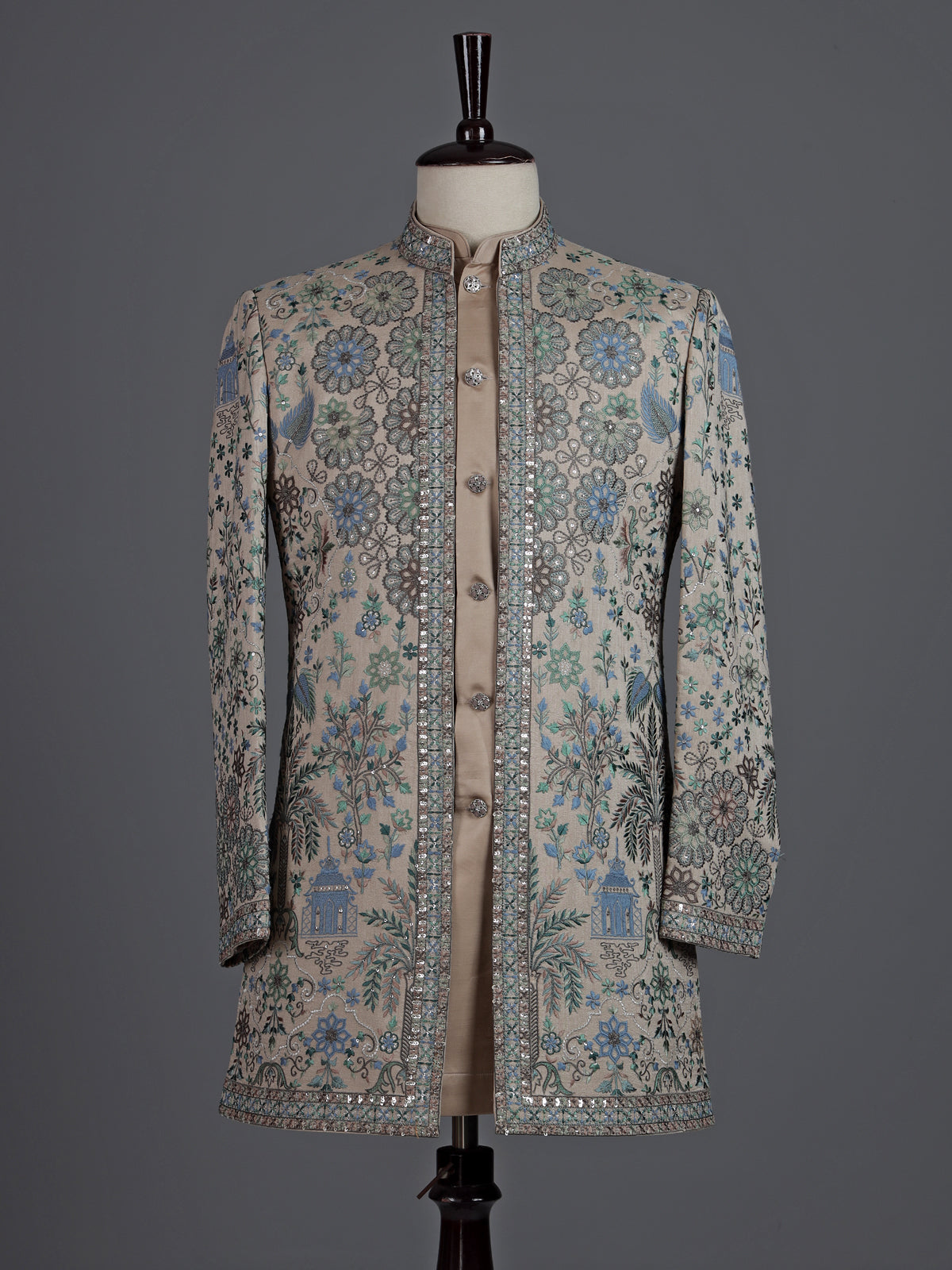 Beige silk embroidered indowestern set for men with jacket