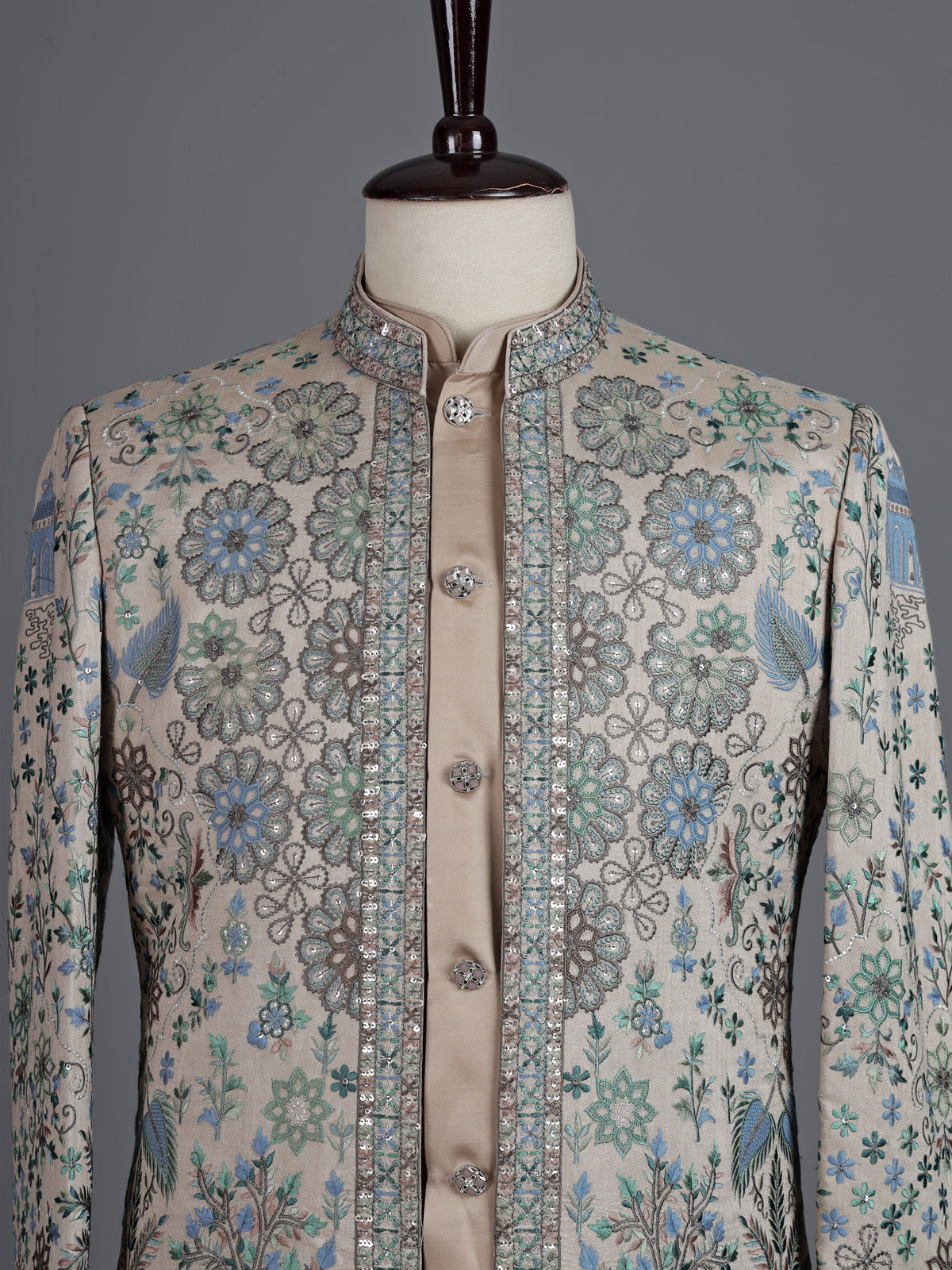 Beige silk embroidered indowestern set for men with jacket