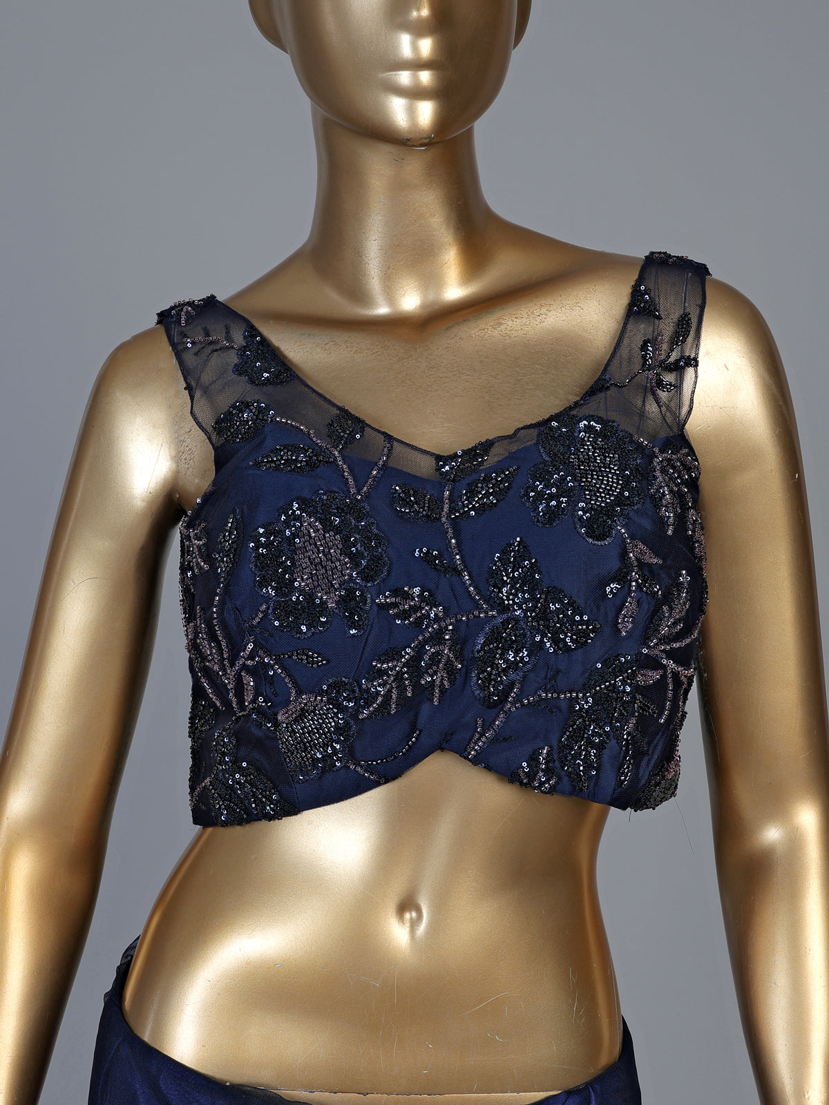 Blue net embroidered designer saree with embellished detailing