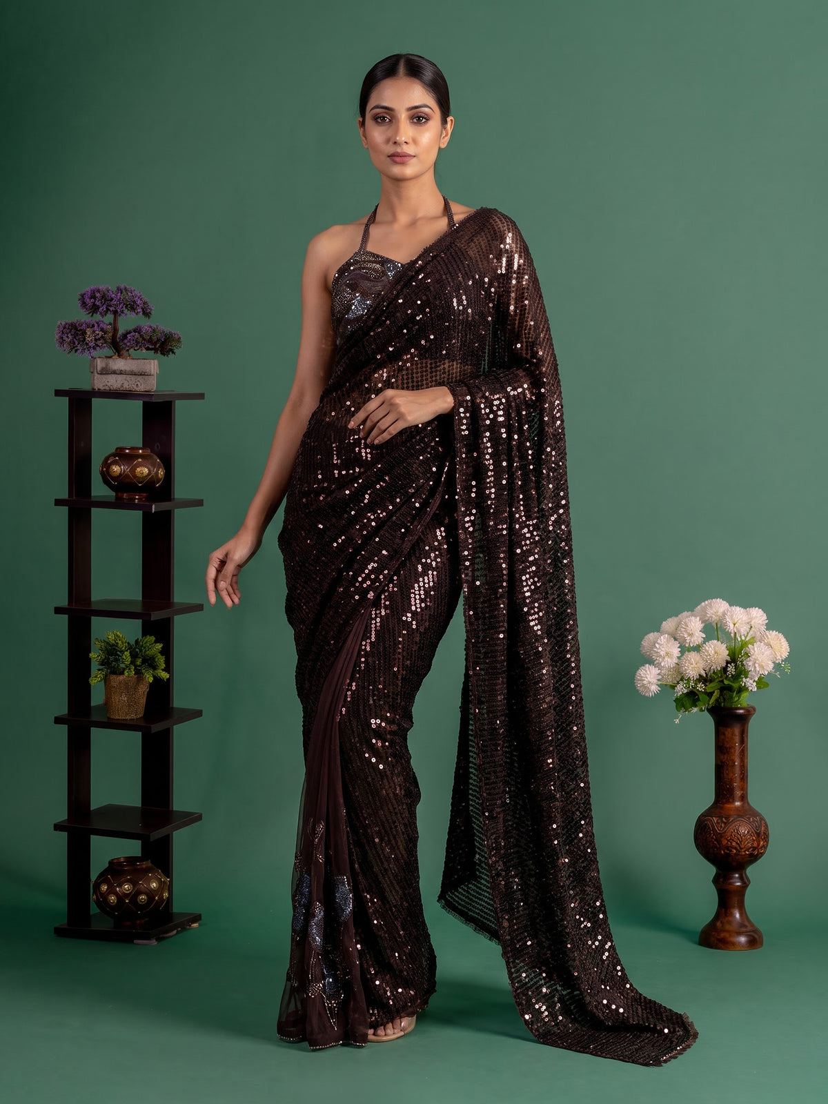Brown net designer saree with tassel pallu and blouse