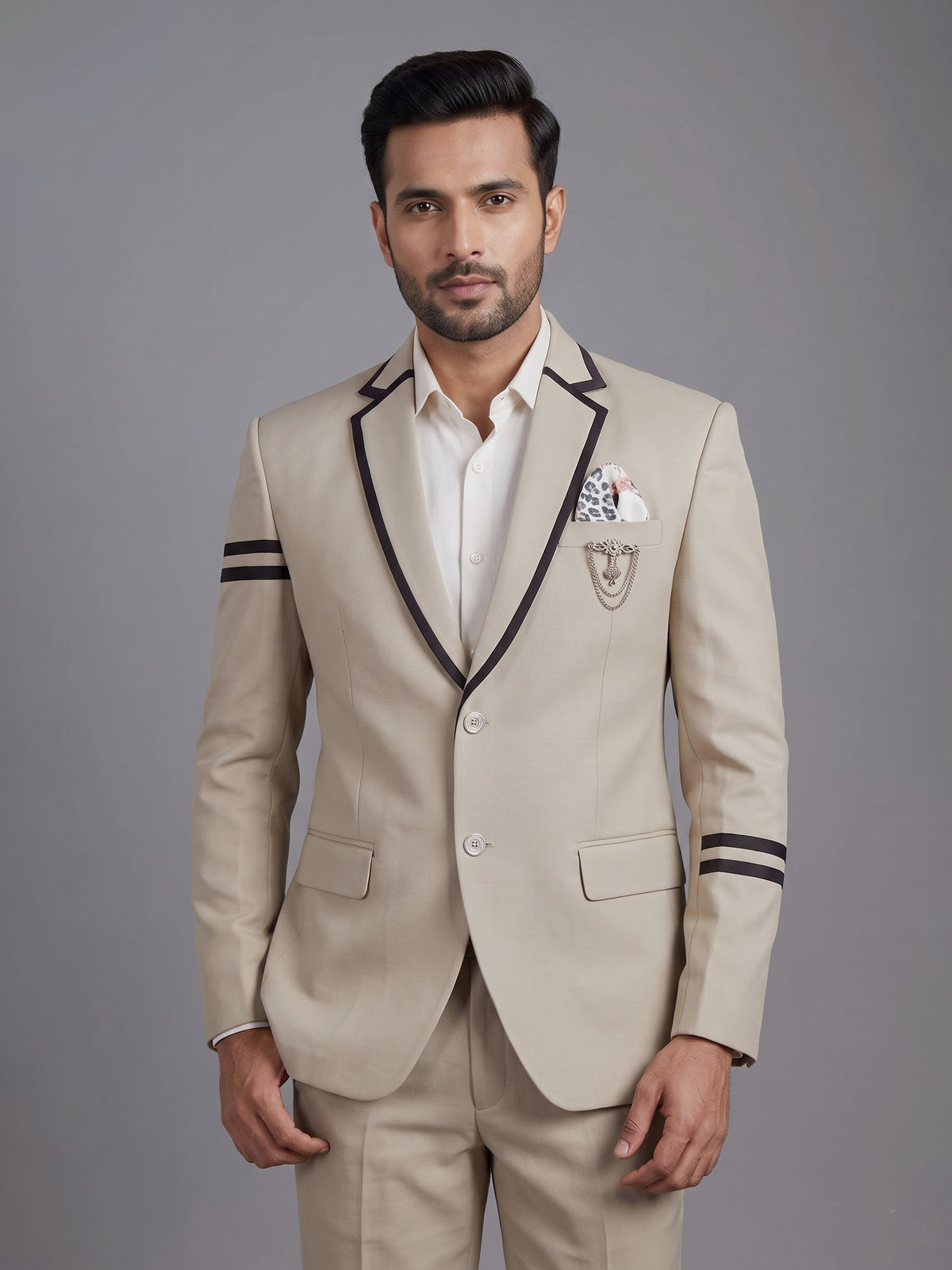 Beige terry rayon blazer for men with black piping accents