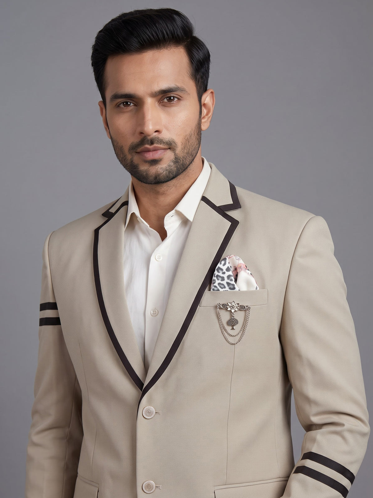 Beige terry rayon blazer for men with black piping accents