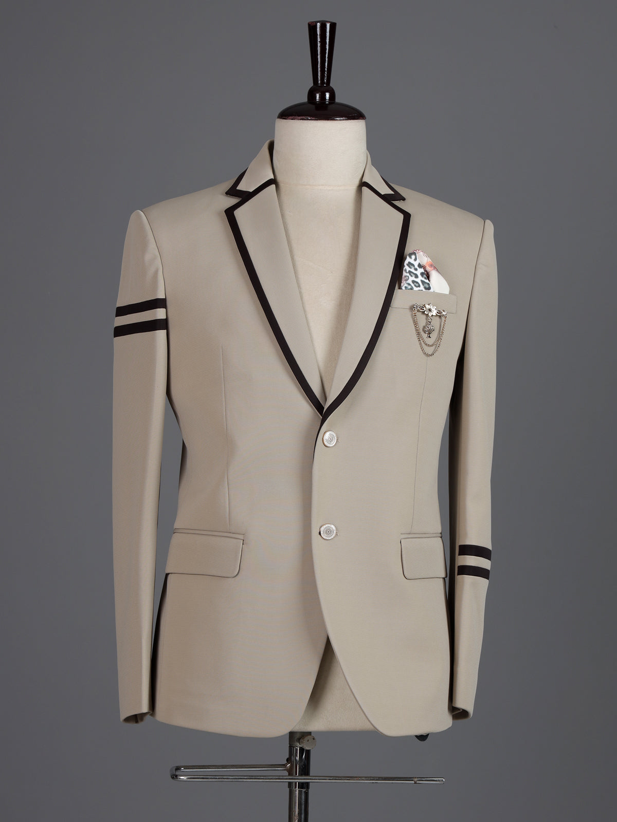 Beige terry rayon blazer for men with black piping accents