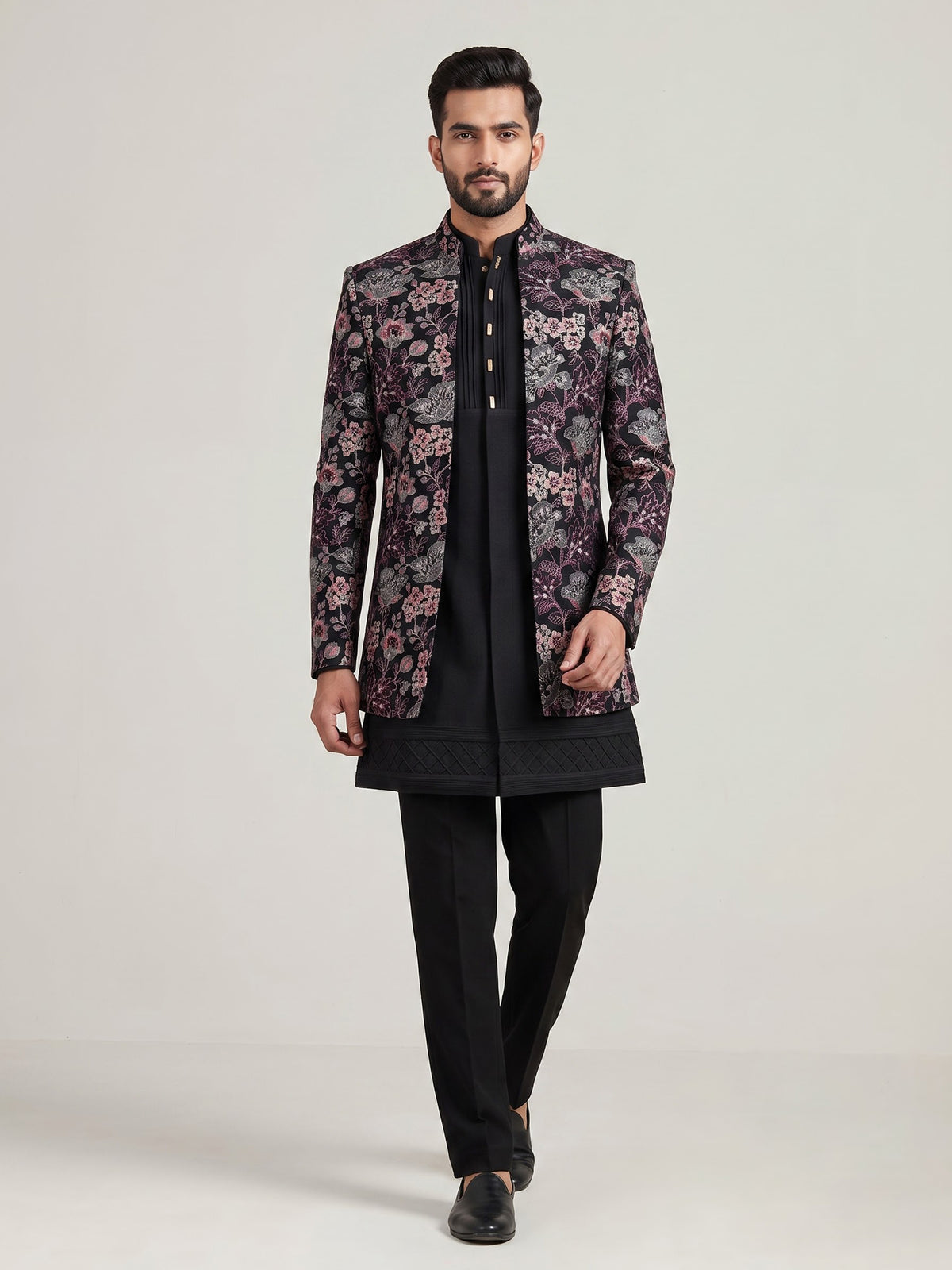 Black terry rayon indowestern ensemble for men with floral thread jacket