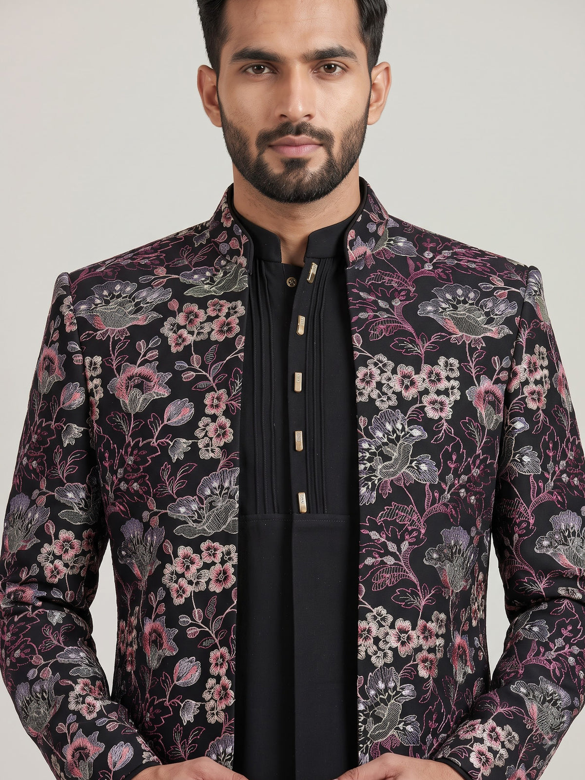 Black terry rayon indowestern ensemble for men with floral thread jacket