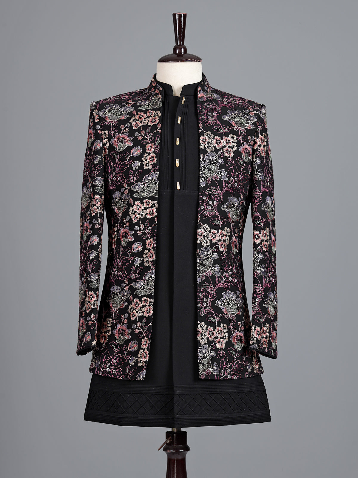 Black terry rayon indowestern ensemble for men with floral thread jacket