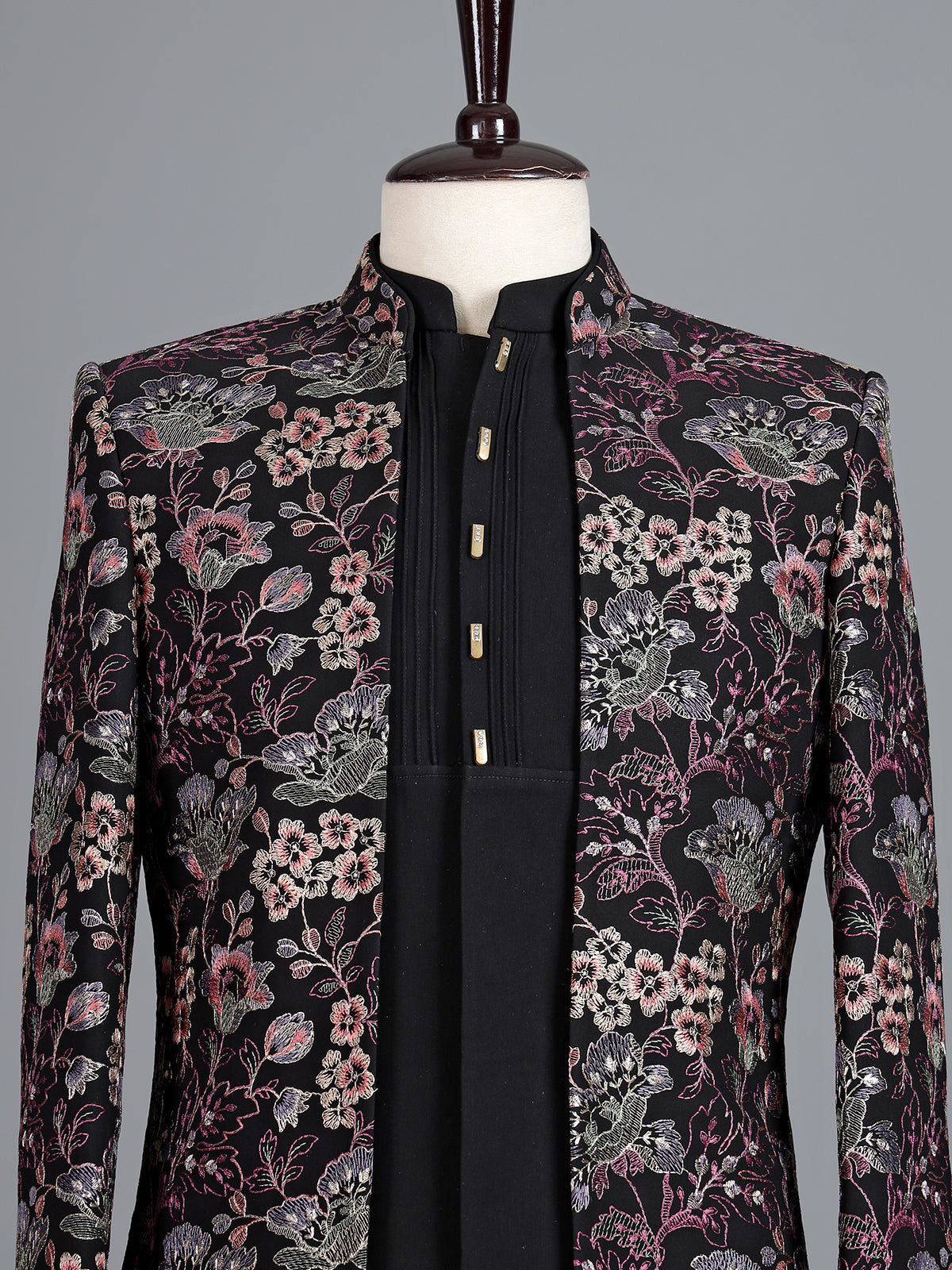 Black terry rayon indowestern ensemble for men with floral thread jacket