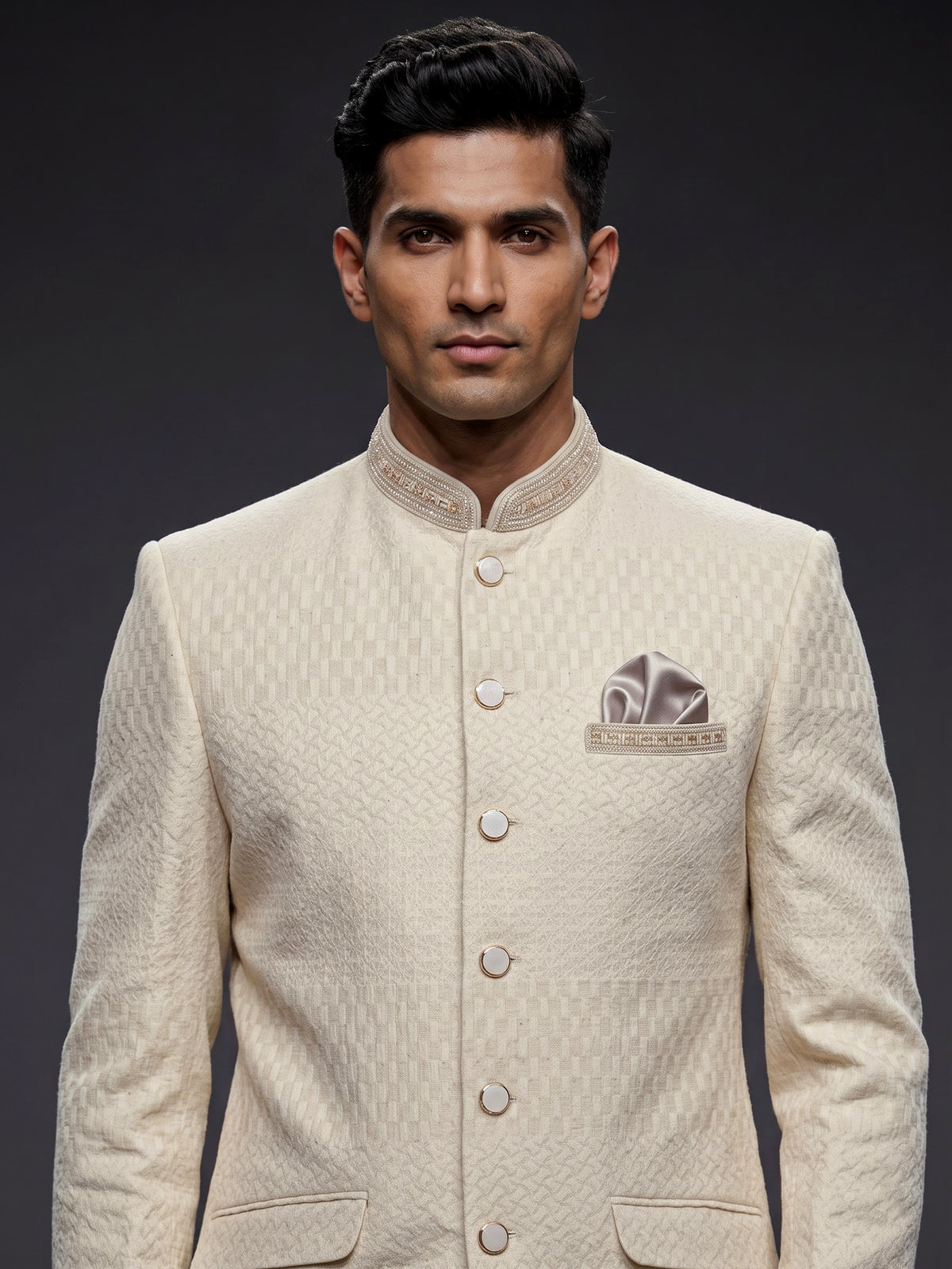 Elegant beige jacquard silk Jodhpuri suit for men with detailing