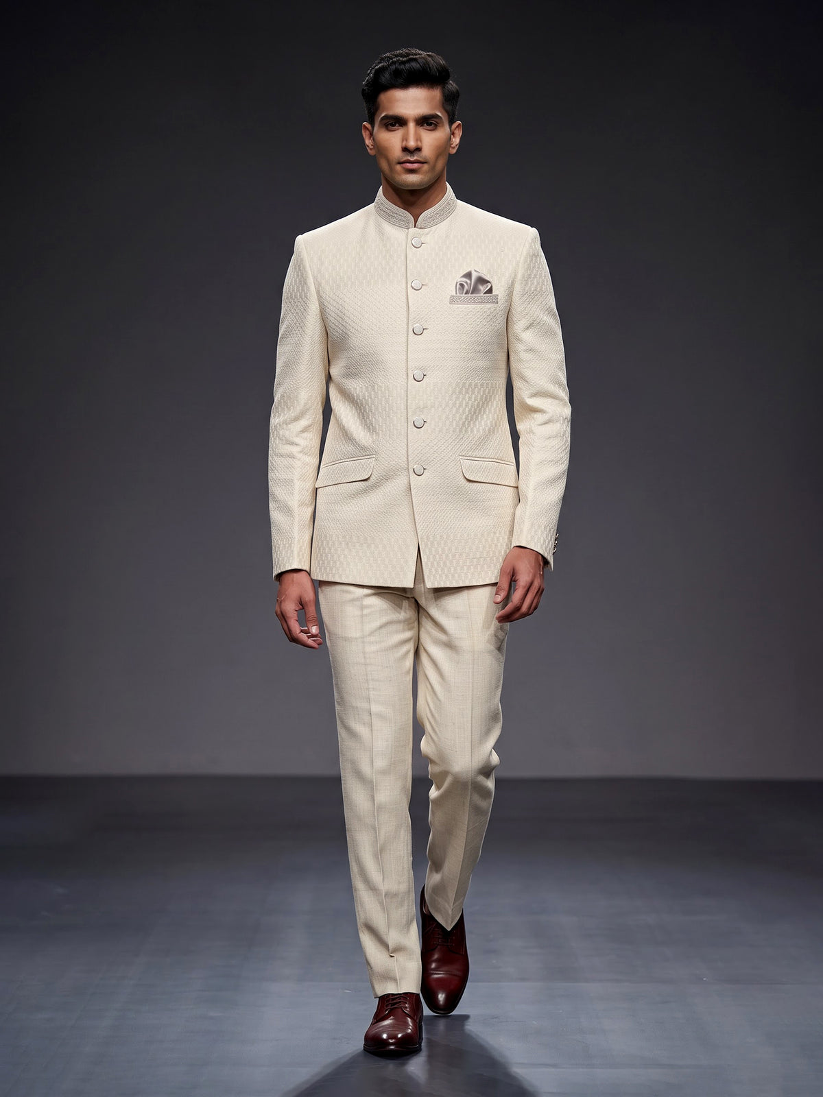 Elegant beige jacquard silk Jodhpuri suit for men with detailing