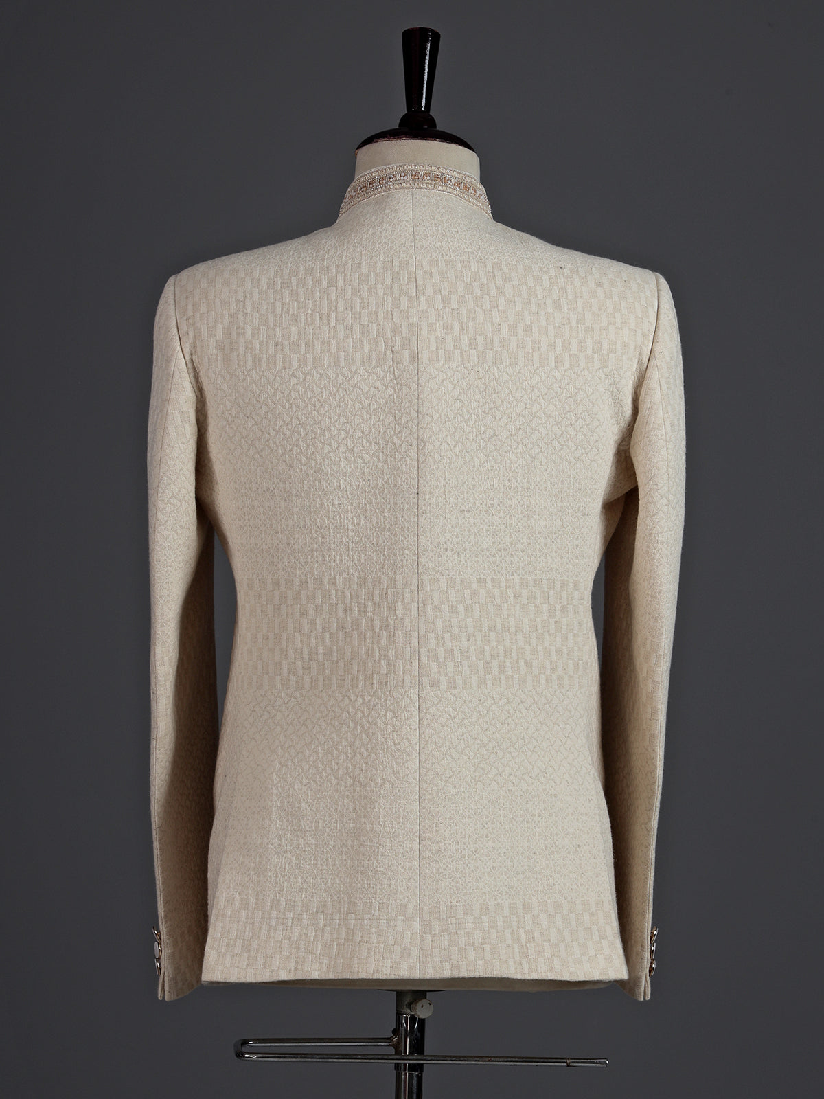 Elegant beige jacquard silk Jodhpuri suit for men with detailing