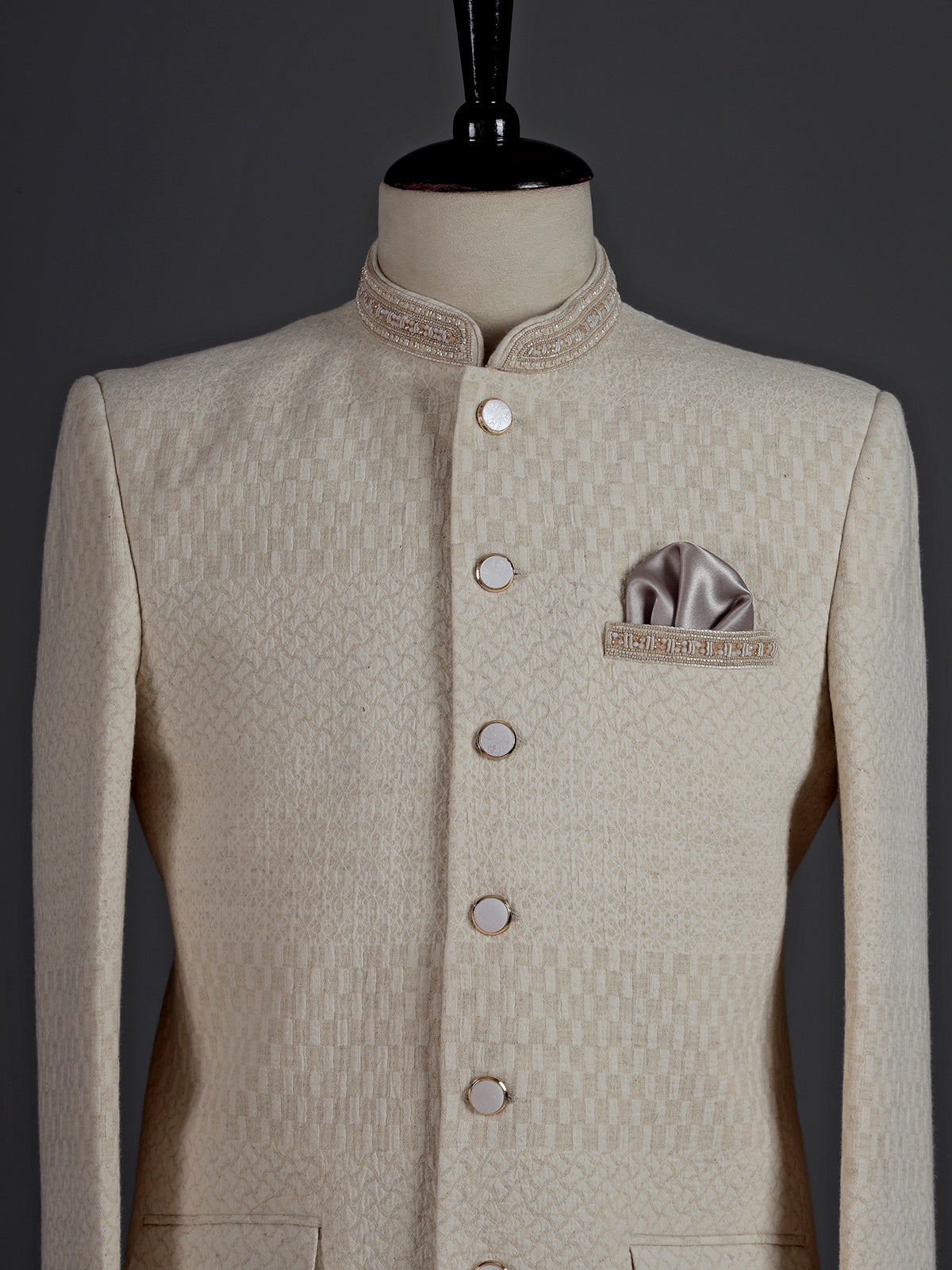 Elegant beige jacquard silk Jodhpuri suit for men with detailing