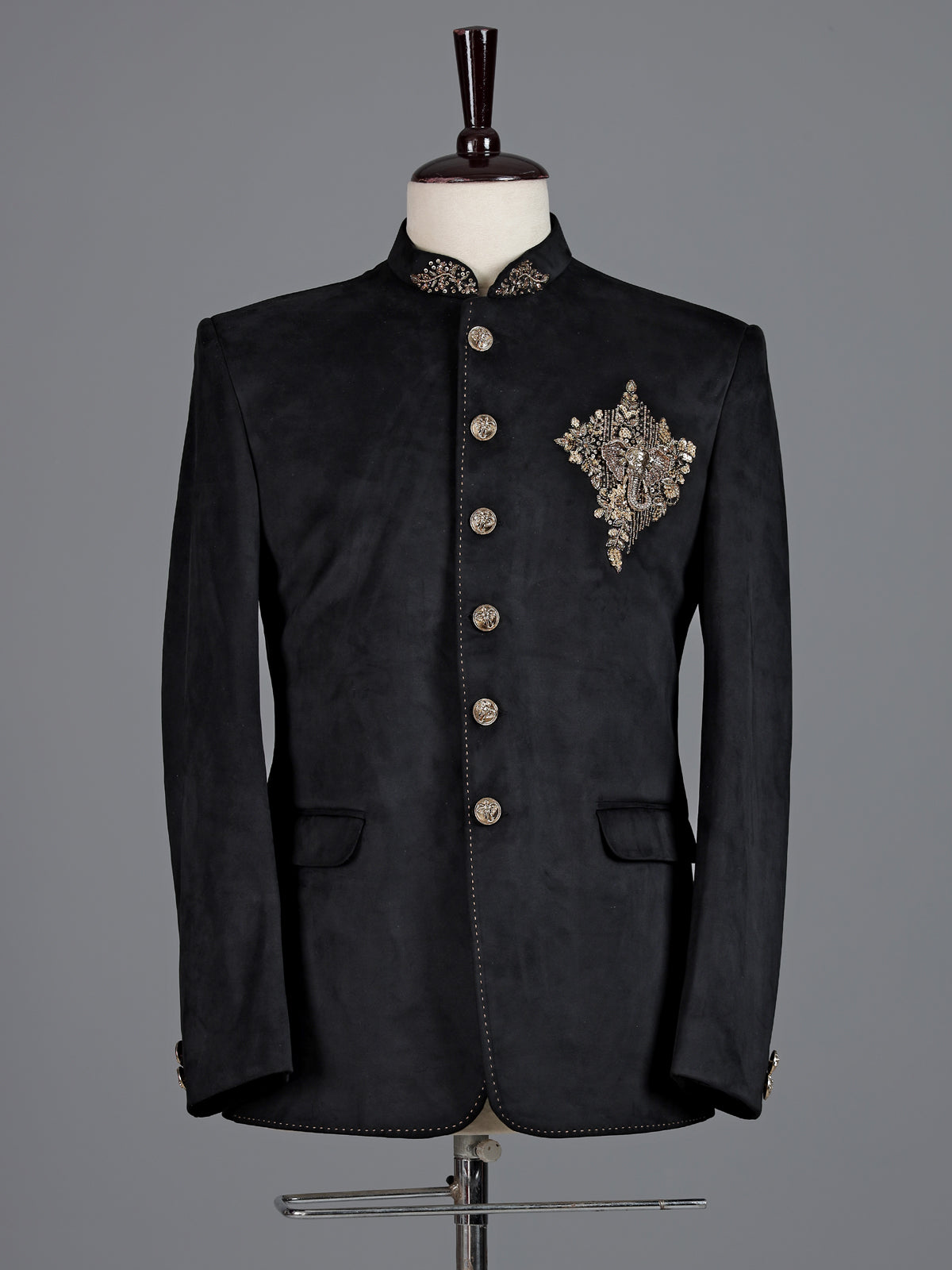 Regal jet black micro velvet Jodhpuri suit for men