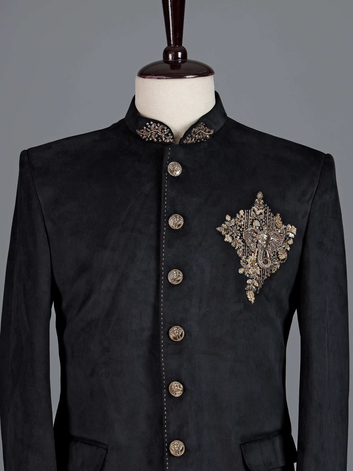 Regal jet black micro velvet Jodhpuri suit for men