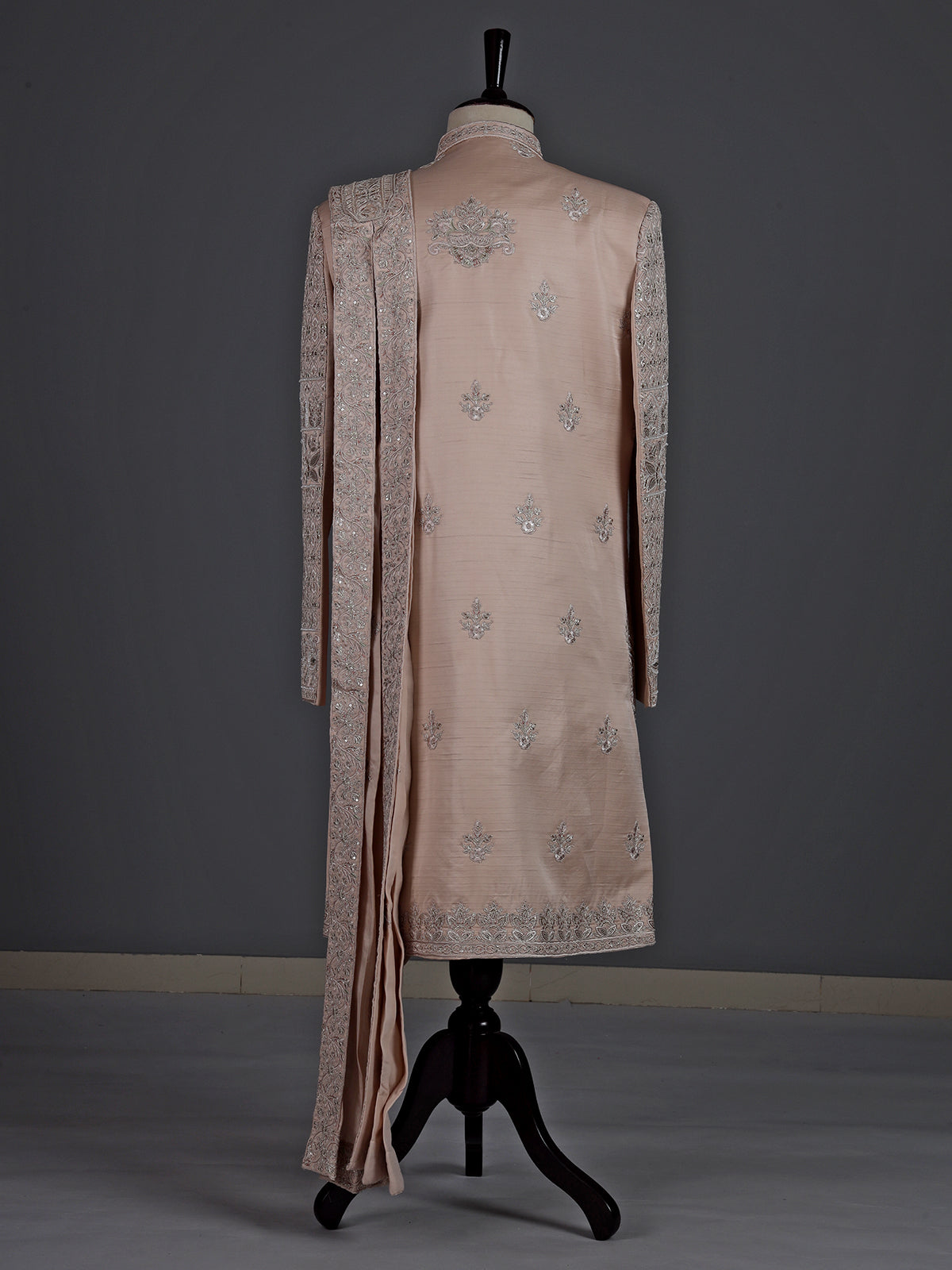 Blush beige raw silk sherwani for men with embellished jacket