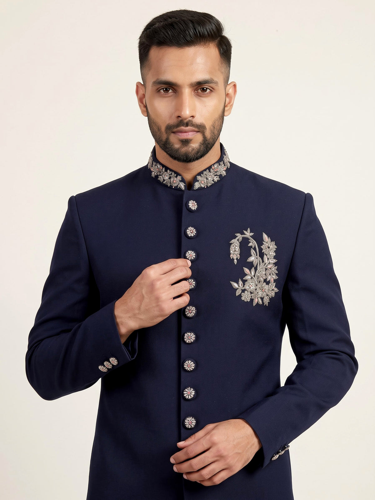 Navy terry rayon sherwani for men with zardosi collar detailing