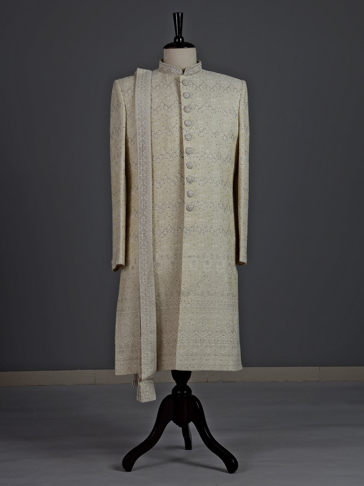 Elegant cream cotton poly sherwani for men with embellished dupatta